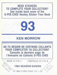 1984-85 O-Pee-Chee Stickers #93 Ken Morrow Back