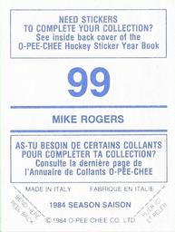 1984-85 O-Pee-Chee Stickers #99 Mike Rogers Back