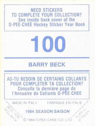 1984-85 O-Pee-Chee Stickers #100 Barry Beck Back