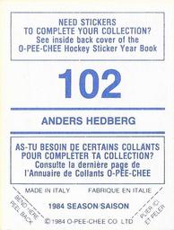 1984-85 O-Pee-Chee Stickers #102 Anders Hedberg Back