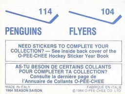 1984-85 O-Pee-Chee Stickers #104 / 114 Flyers Logo / Penguins Logo Back
