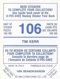 1984-85 O-Pee-Chee Stickers #106 Tim Kerr Back