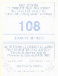 1984-85 O-Pee-Chee Stickers #108 Darryl Sittler Back