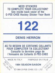 1984-85 O-Pee-Chee Stickers #122 Denis Herron Back