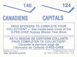 1984-85 O-Pee-Chee Stickers #124 / 146 Capitals Logo / Canadiens Logo Back