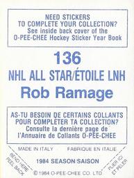 1984-85 O-Pee-Chee Stickers #136 Rob Ramage Back
