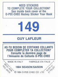 1984-85 O-Pee-Chee Stickers #149 Guy Lafleur Back