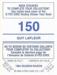 1984-85 O-Pee-Chee Stickers #150 Guy Lafleur Back