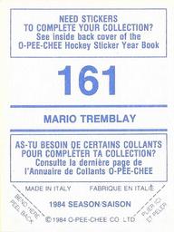 1984-85 O-Pee-Chee Stickers #161 Mario Tremblay Back