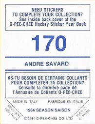 1984-85 O-Pee-Chee Stickers #170 Andre Savard Back