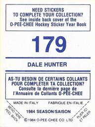 1984-85 O-Pee-Chee Stickers #179 Dale Hunter Back