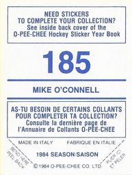 1984-85 O-Pee-Chee Stickers #185 Mike O'Connell Back