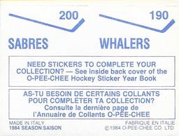 1984-85 O-Pee-Chee Stickers #190 / 200 Whalers Logo / Sabres Logo Back