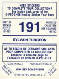 1984-85 O-Pee-Chee Stickers #191 Sylvain Turgeon Back