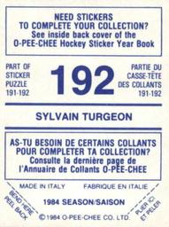 1984-85 O-Pee-Chee Stickers #192 Sylvain Turgeon Back