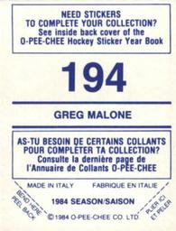 1984-85 O-Pee-Chee Stickers #194 Greg Malone Back