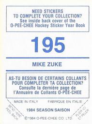 1984-85 O-Pee-Chee Stickers #195 Mike Zuke Back