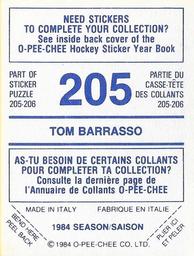1984-85 O-Pee-Chee Stickers #205 Tom Barrasso Back