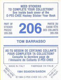 1984-85 O-Pee-Chee Stickers #206 Tom Barrasso Back