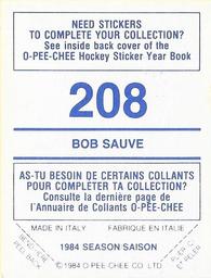 1984-85 O-Pee-Chee Stickers #208 Bob Sauve Back