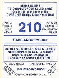 1984-85 O-Pee-Chee Stickers #210 Dave Andreychuk Back