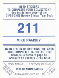 1984-85 O-Pee-Chee Stickers #211 Mike Ramsey Back