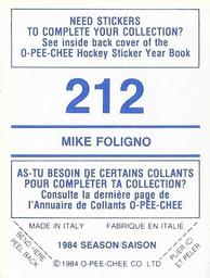 1984-85 O-Pee-Chee Stickers #212 Mike Foligno Back
