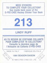 1984-85 O-Pee-Chee Stickers #213 Lindy Ruff Back