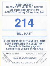 1984-85 O-Pee-Chee Stickers #214 Bill Hajt Back