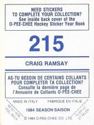 1984-85 O-Pee-Chee Stickers #215 Craig Ramsay Back