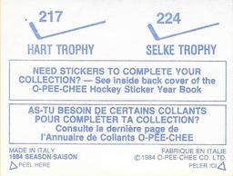 1984-85 O-Pee-Chee Stickers #217 / 224 Hart Trophy / Selke Trophy Back