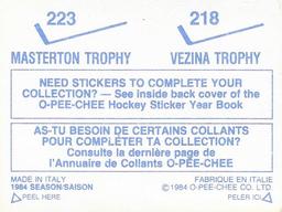 1984-85 O-Pee-Chee Stickers #218 / 223 Vezina Trophy / Masterton Trophy Back