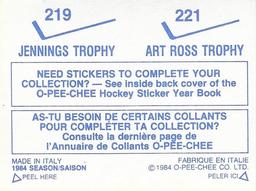 1984-85 O-Pee-Chee Stickers #219 / 221 Jennings Trophy / Art Ross Trophy Back