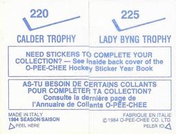 1984-85 O-Pee-Chee Stickers #220 / 225 Calder Trophy / Lady Byng Trophy Back