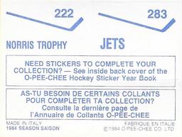 1984-85 O-Pee-Chee Stickers #222 / 283 Norris Trophy / Jets Logo Back