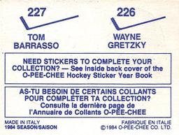 1984-85 O-Pee-Chee Stickers #226 / 227 Wayne Gretzky / Tom Barrasso Back