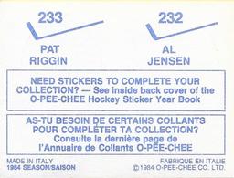 1984-85 O-Pee-Chee Stickers #232 / 233 Al Jensen / Pat Riggin Back