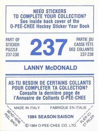 1984-85 O-Pee-Chee Stickers #237 Lanny McDonald Back