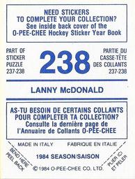1984-85 O-Pee-Chee Stickers #238 Lanny McDonald Back