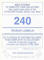 1984-85 O-Pee-Chee Stickers #240 Rejean Lemelin Back