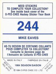 1984-85 O-Pee-Chee Stickers #244 Mike Eaves Back