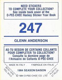 1984-85 O-Pee-Chee Stickers #247 Glenn Anderson Back