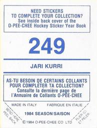 1984-85 O-Pee-Chee Stickers #249 Jari Kurri Back