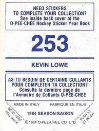 1984-85 O-Pee-Chee Stickers #253 Kevin Lowe Back