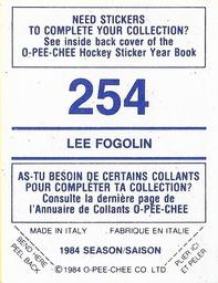 1984-85 O-Pee-Chee Stickers #254 Lee Fogolin Back