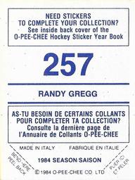 1984-85 O-Pee-Chee Stickers #257 Randy Gregg Back