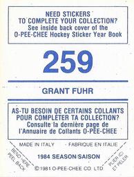1984-85 O-Pee-Chee Stickers #259 Grant Fuhr Back