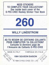 1984-85 O-Pee-Chee Stickers #260 Willy Lindstrom Back