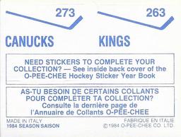 1984-85 O-Pee-Chee Stickers #263 / 273 Kings Logo / Canucks Logo Back