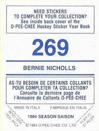 1984-85 O-Pee-Chee Stickers #269 Bernie Nicholls Back